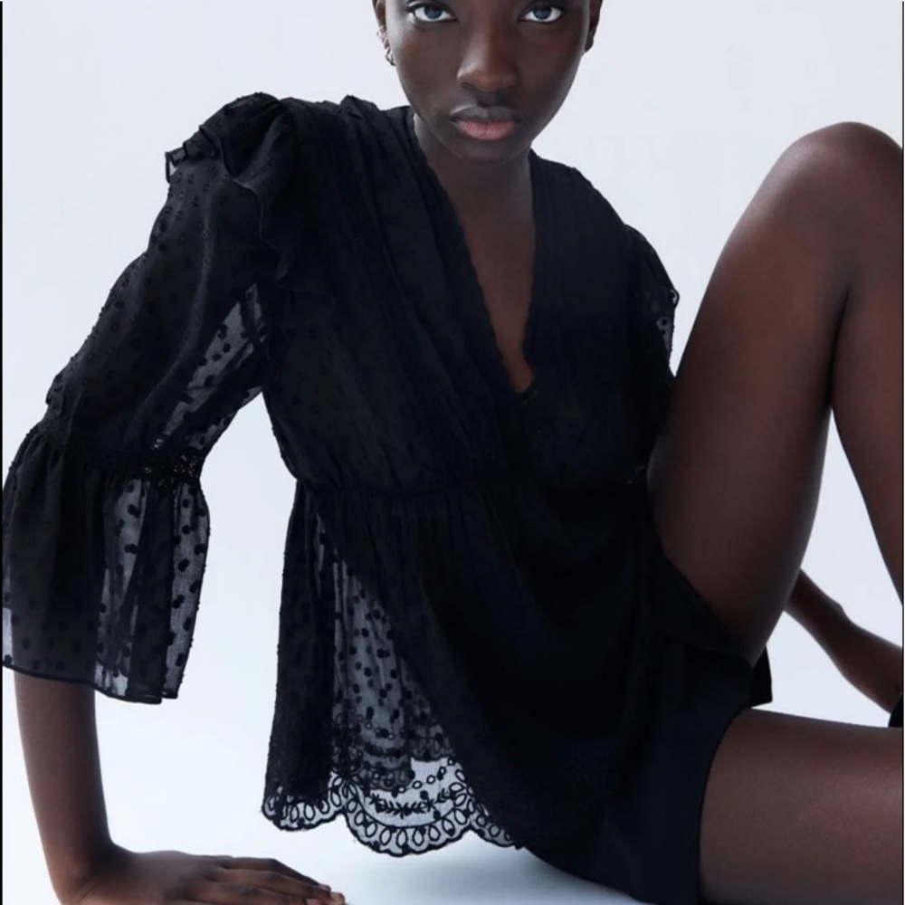 ZARA Swiss dot ruffled blouse